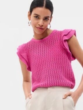 GAP Women Bright Pink Knit Ruffle Sleeve Tank